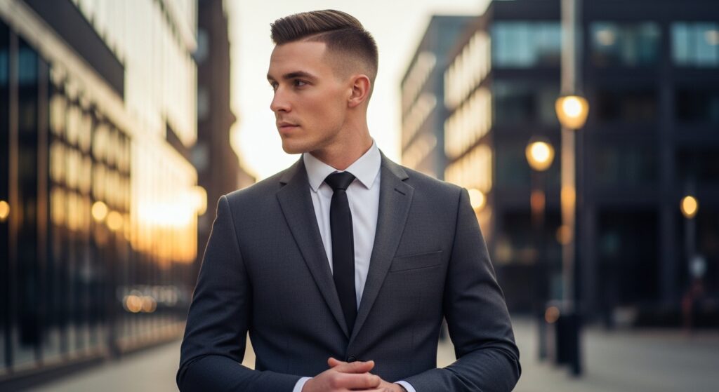 professional man with low fade haircut suited for office look.)