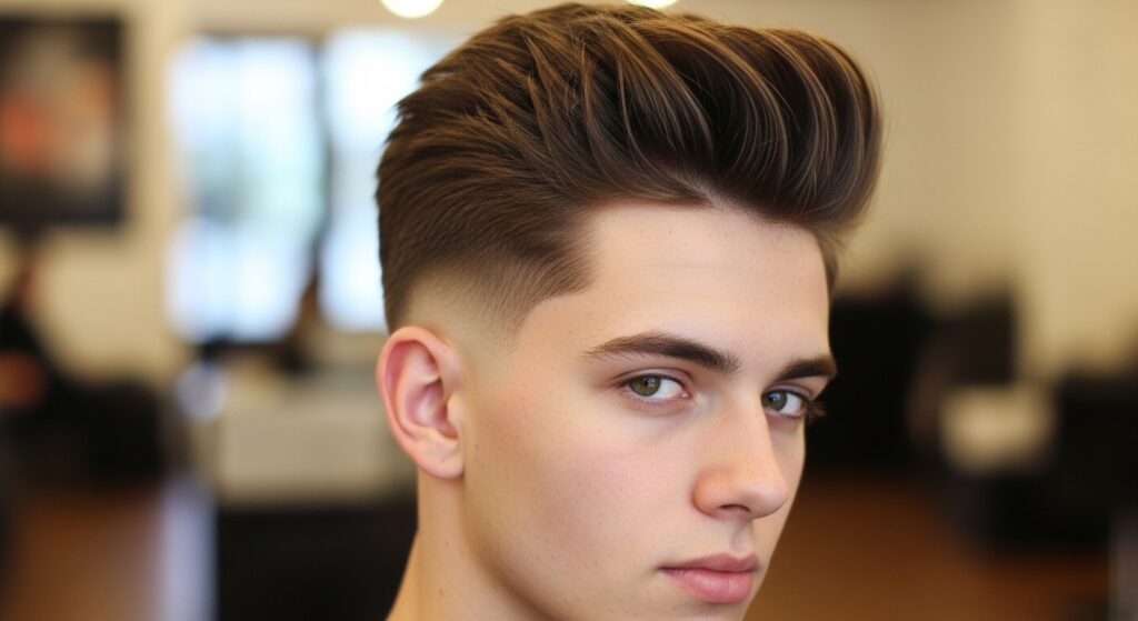 stylish mid fade haircut paired with quiff hairstyle.)