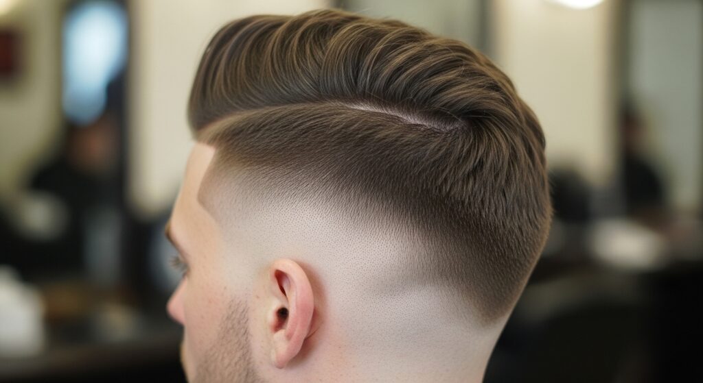 Men’s taper faux hawk back view with fade.