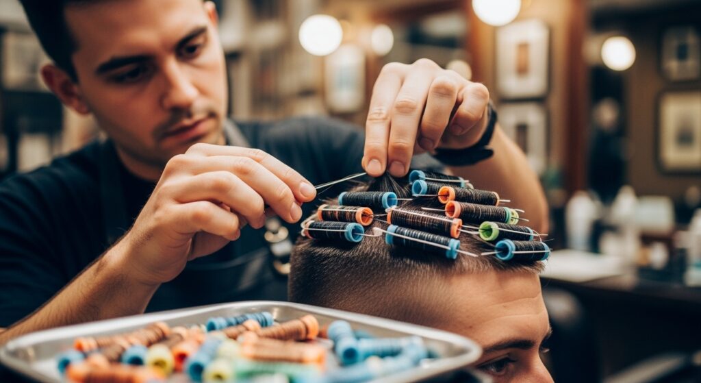 During a perm haircut, a man is getting rods put in.