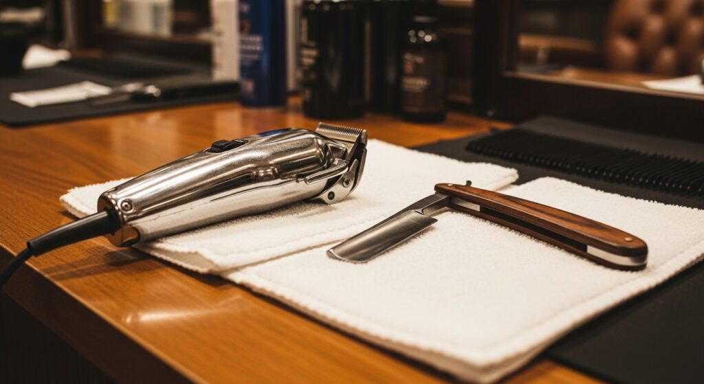  lineup haircut tools on barbershop table