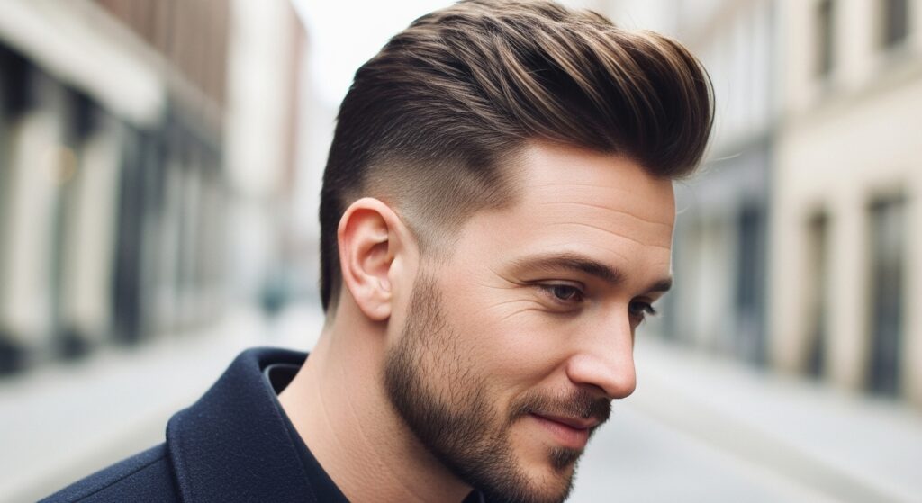 Medium fade faux hawk haircut with balanced taper, suitable for most face shapes.