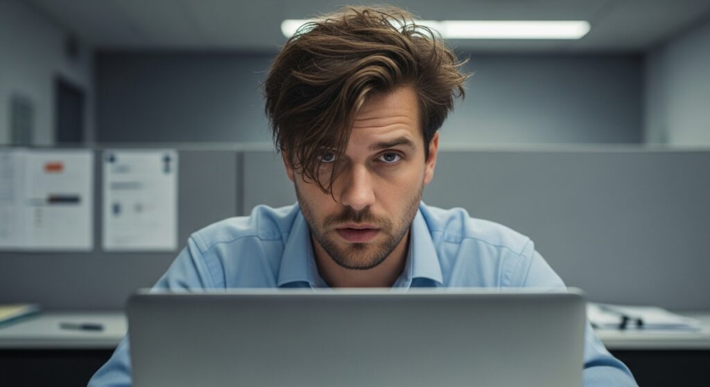 Man with a bedhead hairstyle at the office.