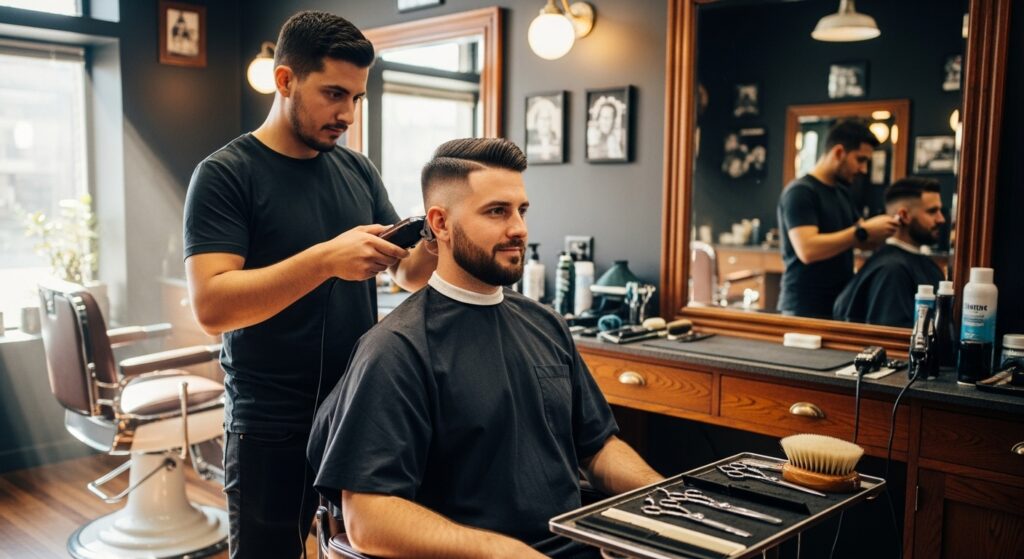 Using clippers, barber making a medium fade haircut.