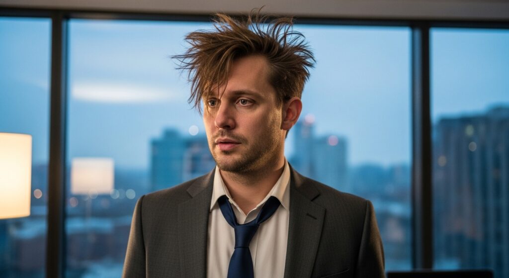Businessman with messy hair in office setting
