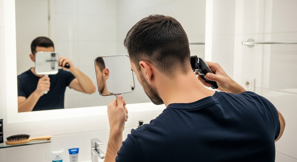 barber shaping a clean line up haircut on the forehead