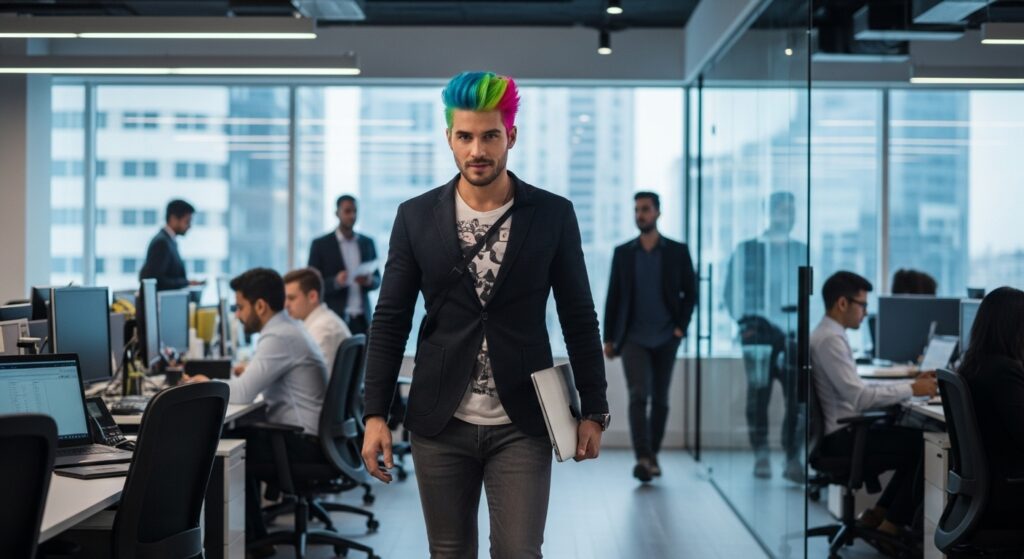 "Employee with brightly colored hair in the office environment