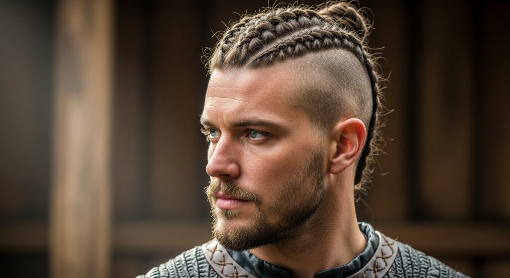 Viking haircut with braid and shaved sides.