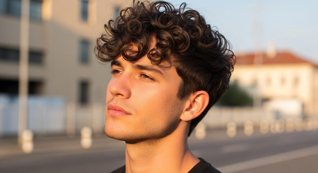 Image idea: A man with short curly wolf cut, jaw-length curls, tousled and layered for a casual edgy look.
Alt tag: "short curly wolf cut men choppy layered hairstyle"