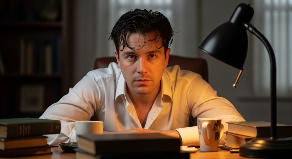 Man with oily hair looking unkempt at the work desk