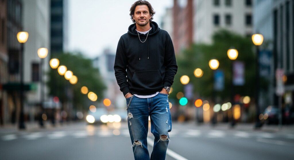 man with wavy hair middle part haircut casual style