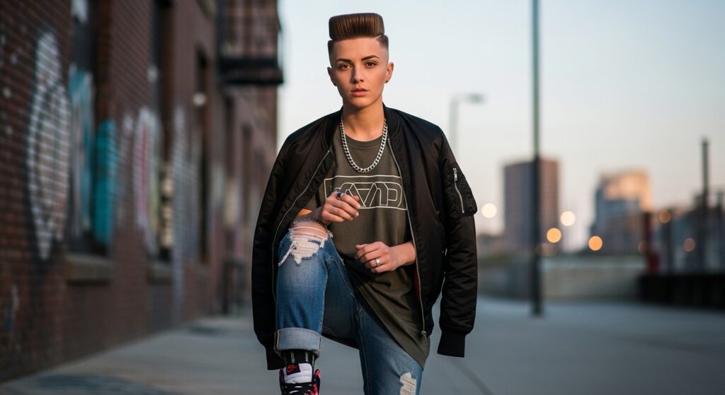 young man with flat top haircut wearing streetwear