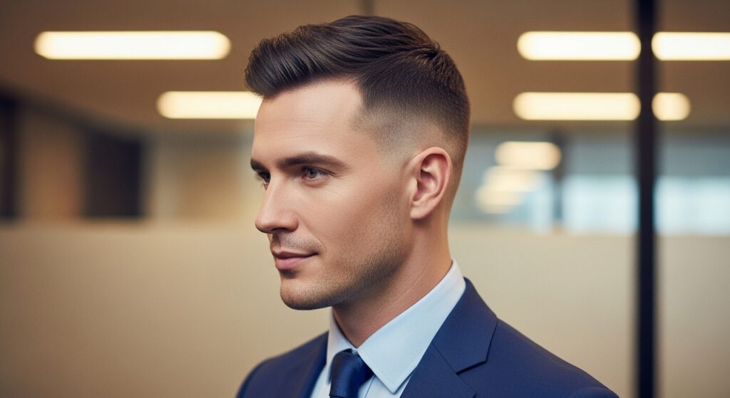 Low taper fohawk haircut with subtle fade near ear line, office-friendly style.