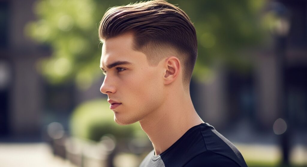 Outdoor side swept undercut hairstyle for men