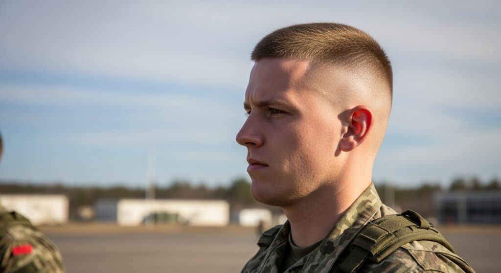 Military style high and tight haircut close up