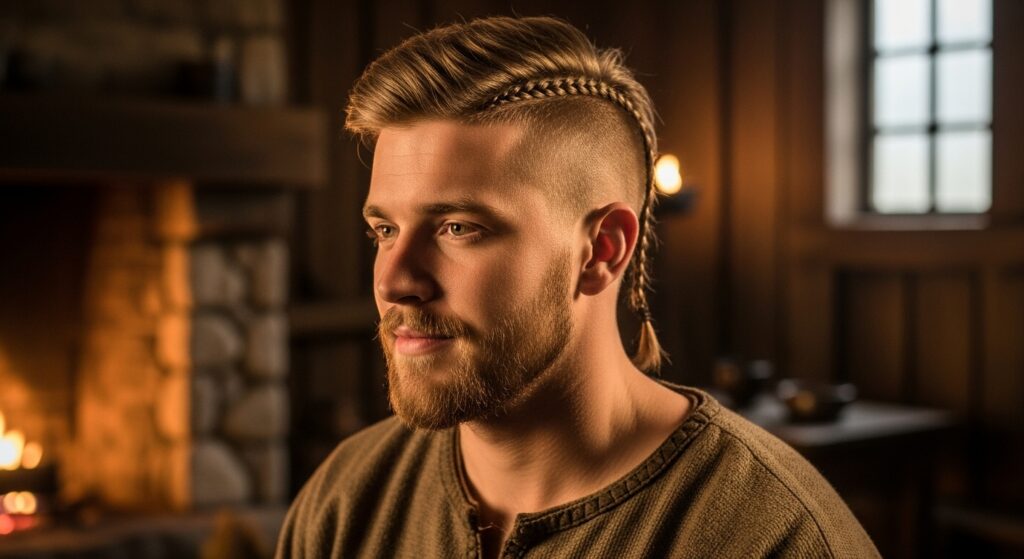 Short Viking haircut with braid accent.