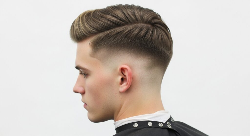 Back view of men’s undercut with side swept top