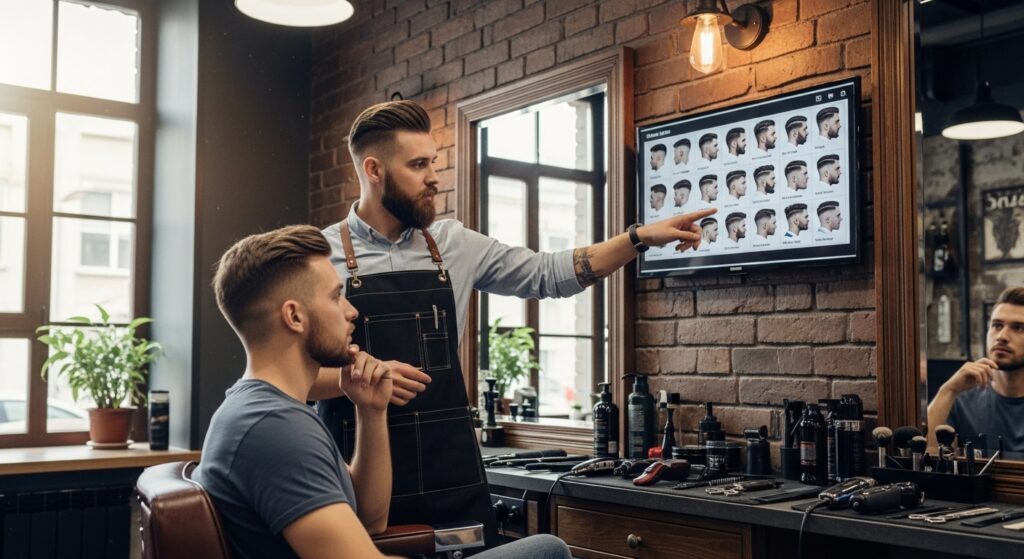 barber showing haircut options to client")