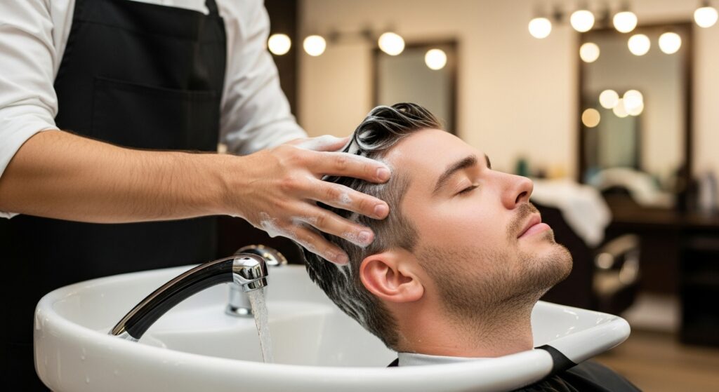 Barber who is applying hair product to get the brush up look