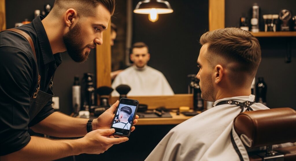 "Boy showing ice cream haircut photo to barber")