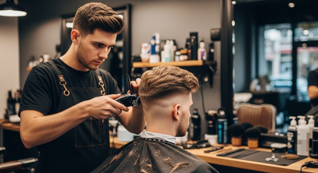Barber shaping fluffy scoop haircut on boy