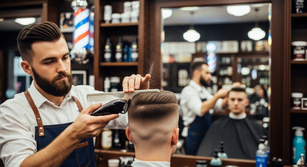 barber using clippers with comb for flat top haircut