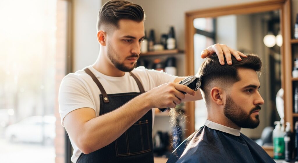 barber creating fade haircut with clippers”)
