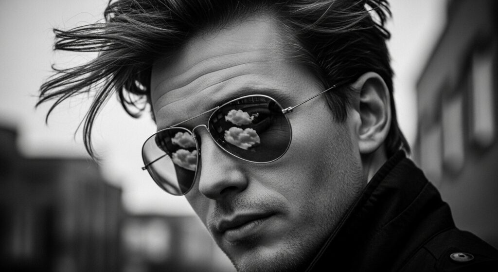 Retro 70s men’s feathered hairstyle with aviator sunglasses.