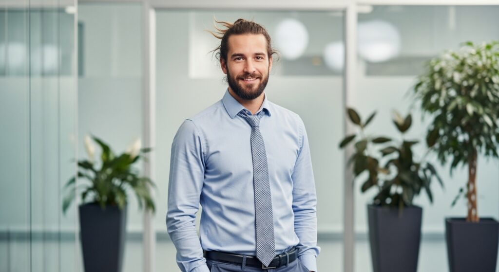  Man with messy man bun in office environment