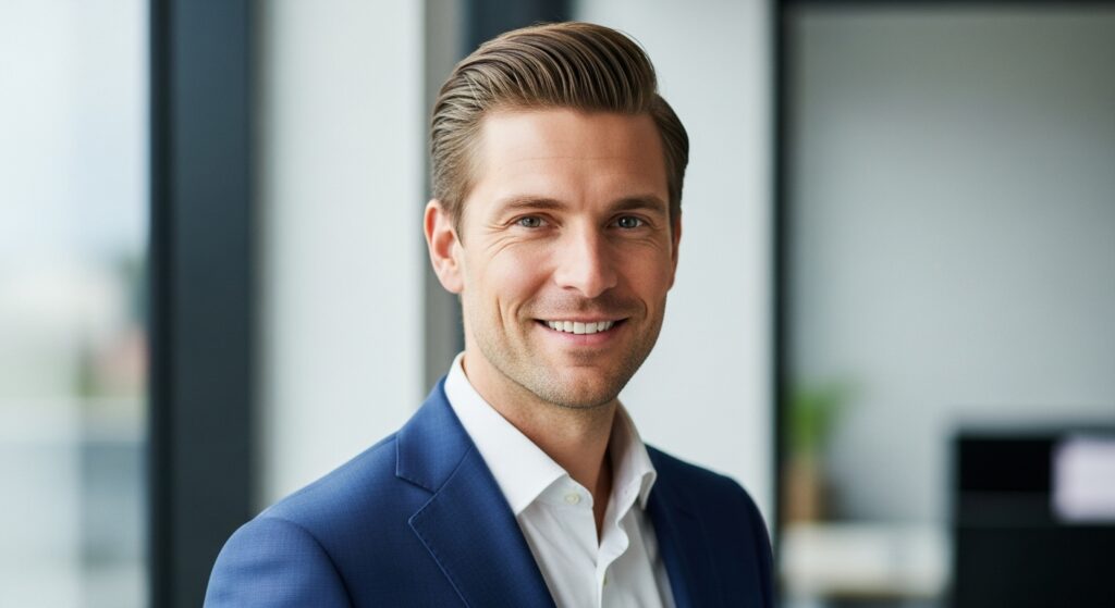 professional man with brush up hairstyle in suit