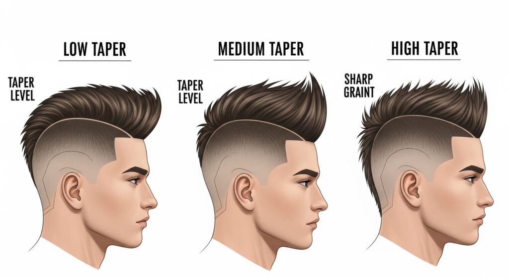  Low, medium, and high taper faux hawk fade examples.