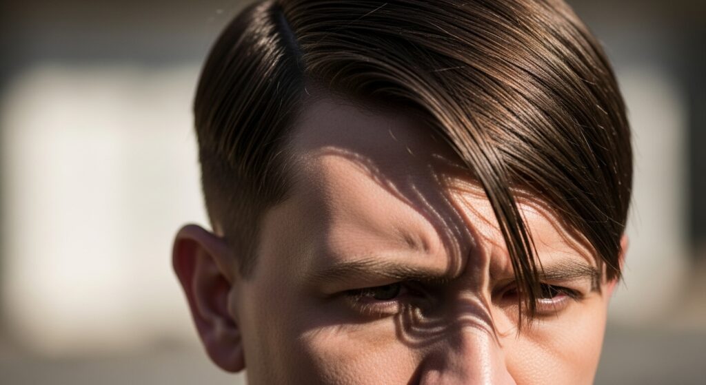 Adolf Hitler bearing his characteristic parted haircut.”