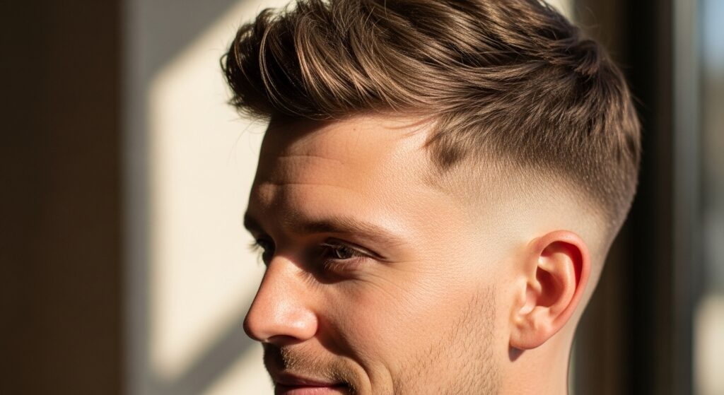 Image idea: Close-up of a man with a modern textured crop under natural light
Alt tag: Close-up of men’s textured crop haircut with fringe