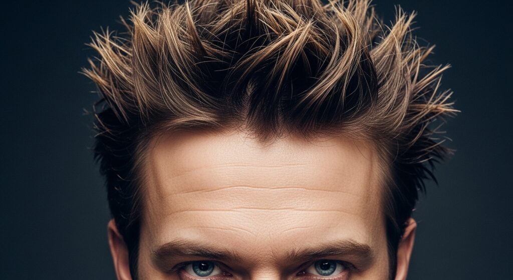 Man with gelled spiky hair in office clothes