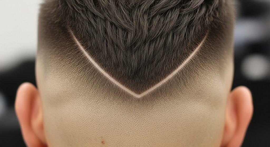 The back of the taper faux hawk changing into the neckline.