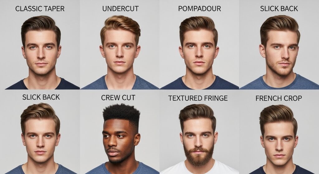 comparison of brush up hairstyle with quiff and pompadour