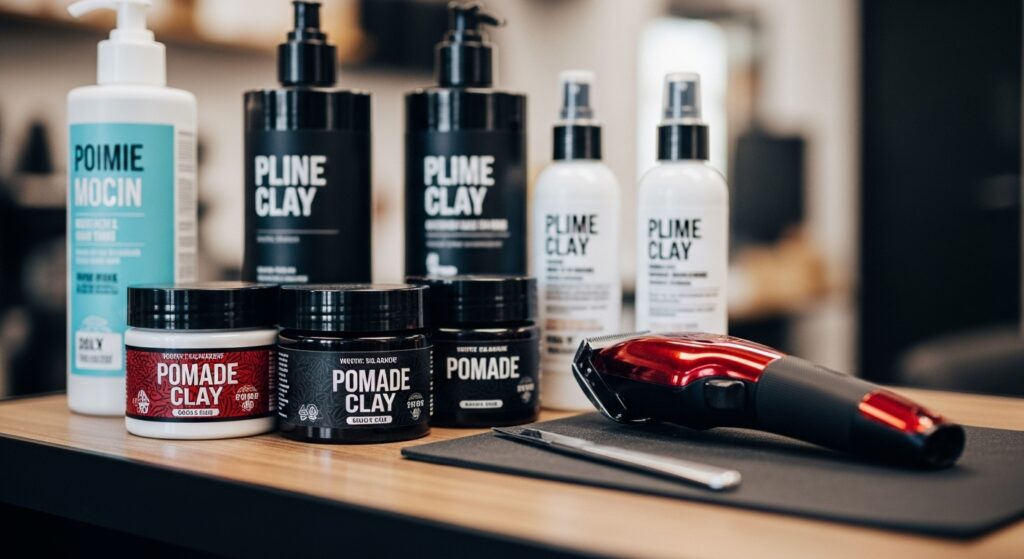 Hair care products such as clay, pomade, and a trimmer are displayed on a salon counter.