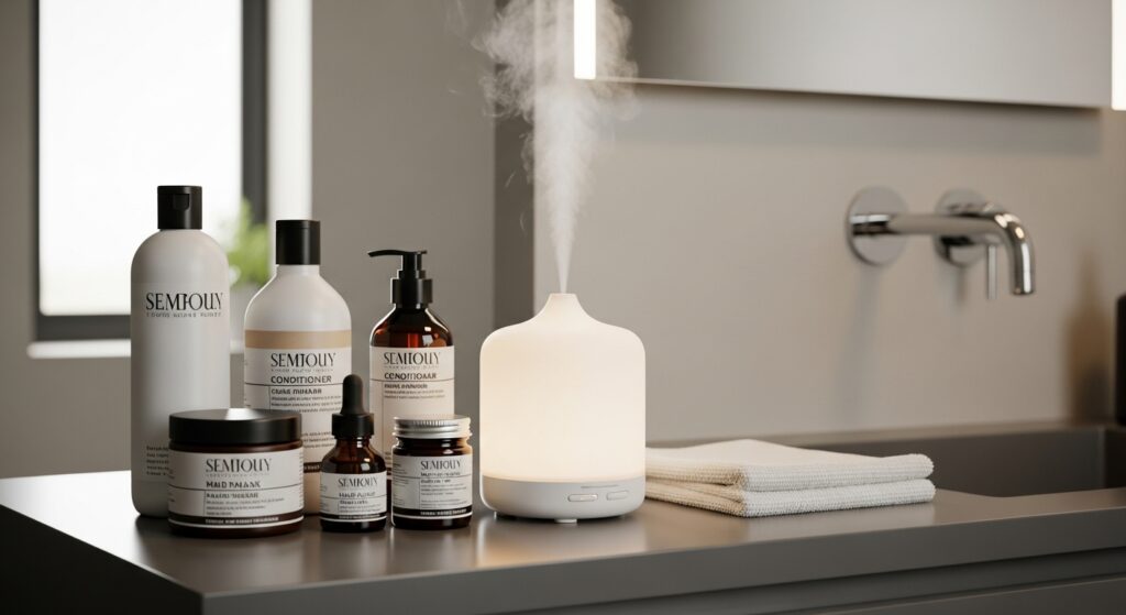 Image idea: Hair products on a bathroom counter next to a diffuser.
Alt tag: "styling products for wolf cut curly hair with diffuser"