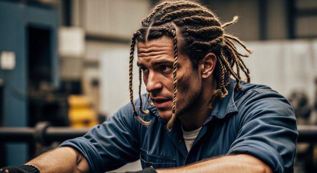 Man with intricate braids at work