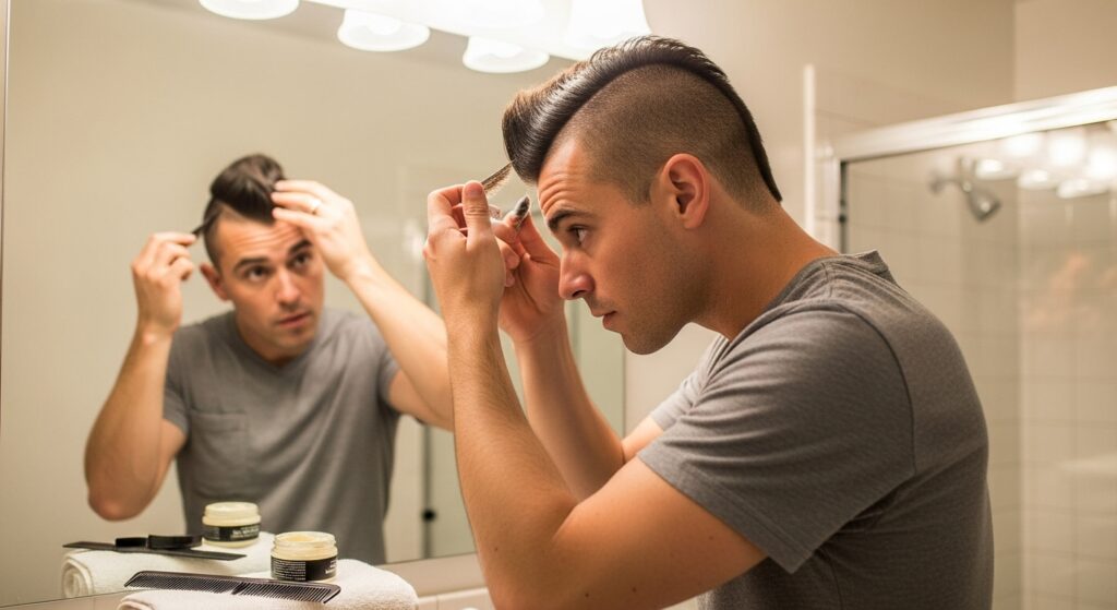 Man applying pomade to style his taper faux hawk.