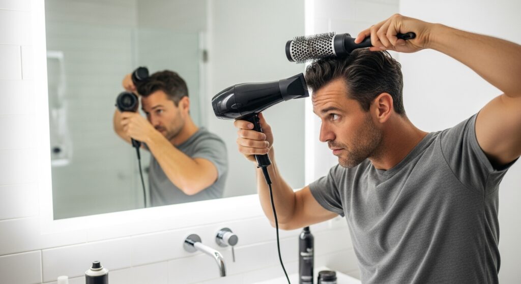 Man who is using a blow dryer for his brush up hairstyle