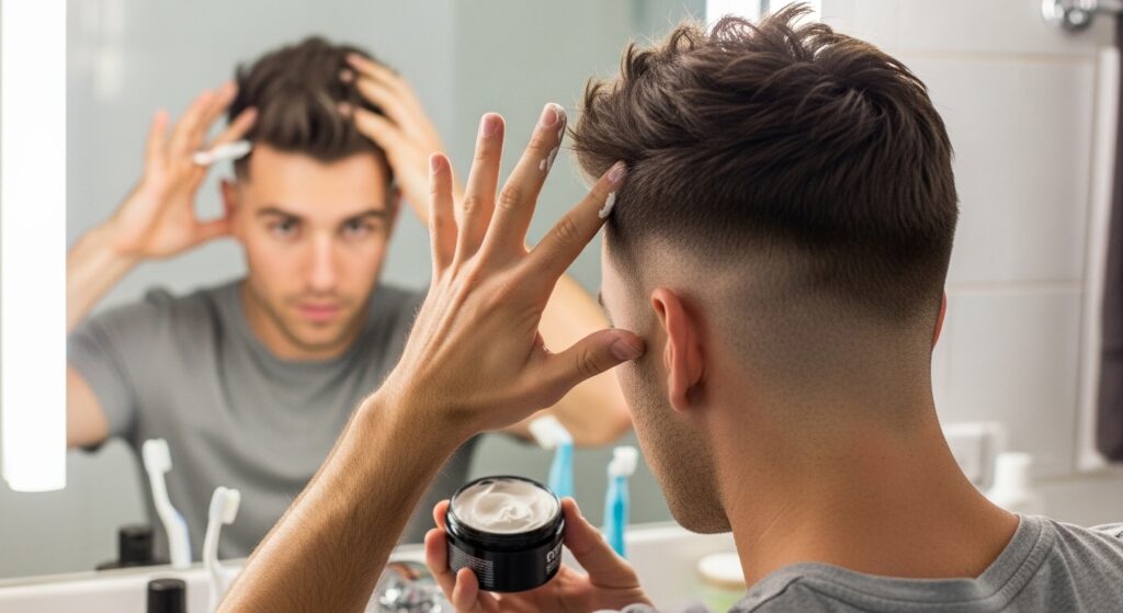 Image idea: Man styling textured crop with matte clay in front of mirror
Alt tag: Man applying matte clay to textured crop haircut