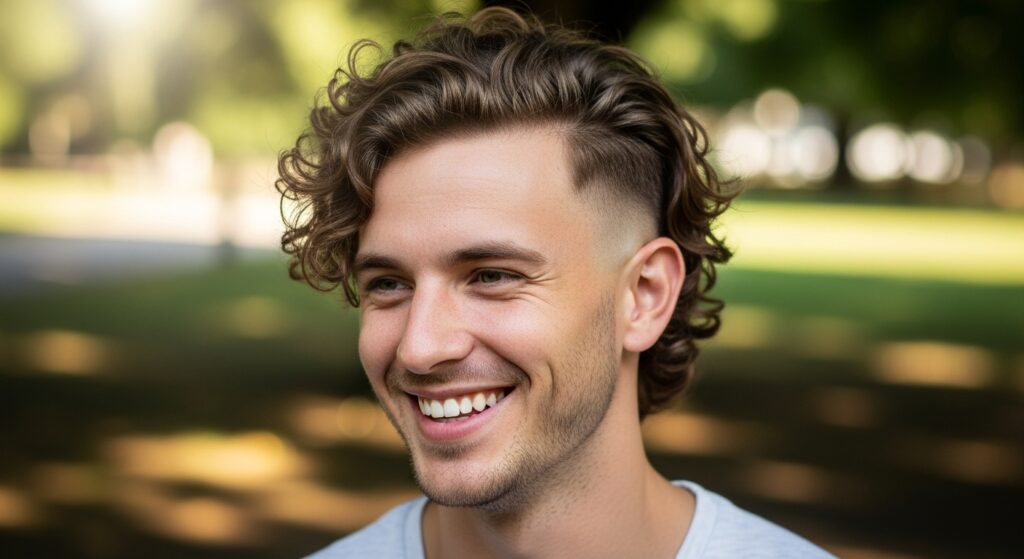 man with curly fade haircut smiling outdoors")