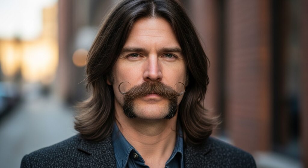 70s inspired long hairstyle with mustache.