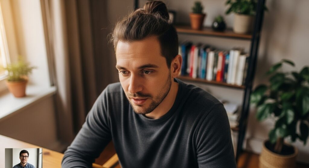 Male employee with sloppy man bun hairstyle.