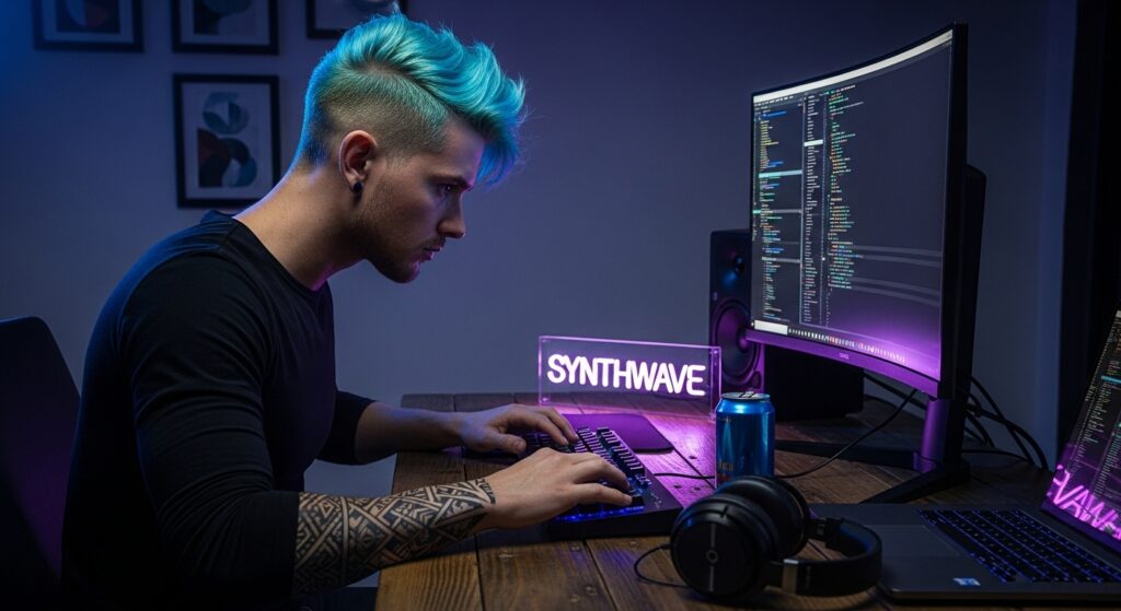Man in office setting with bright blue dyed hair