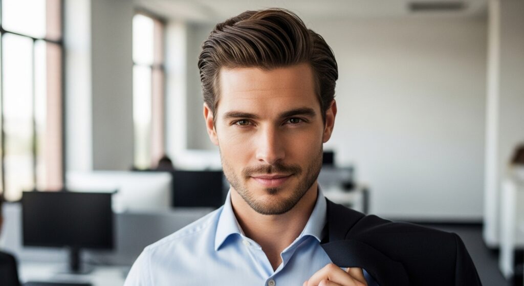 professional brushed back medium length hairstyle for men.