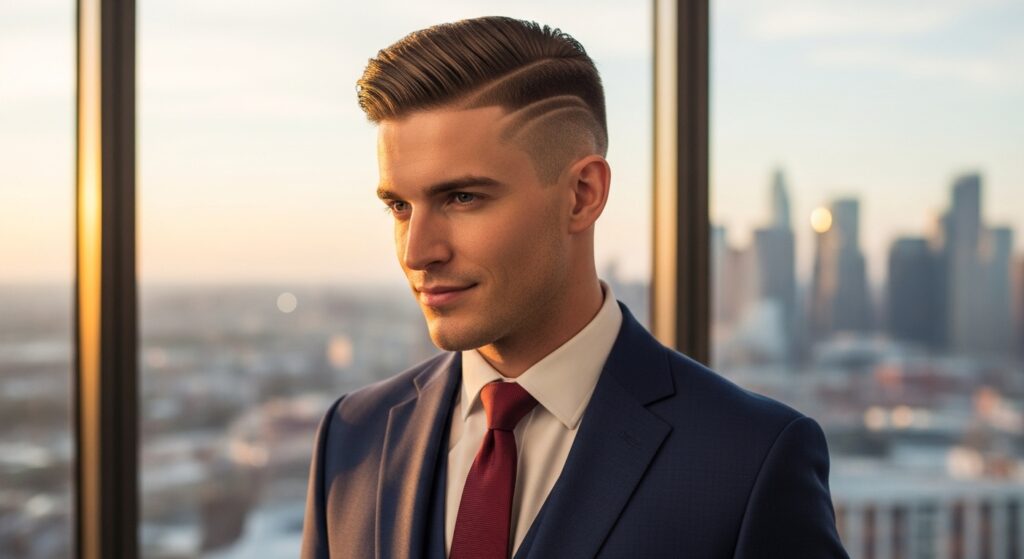 "Office worker with extreme undercut hairstyle.