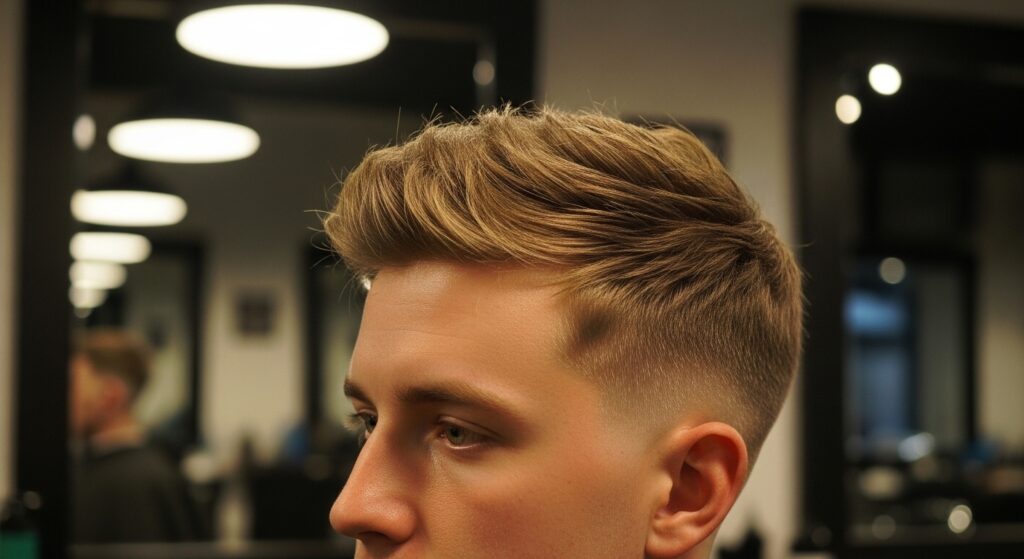 Image idea: Man with straight hair styled into a neat yet slightly messy textured crop under barbershop lighting
Alt tag: Men’s textured crop haircut on straight hair with natural texture