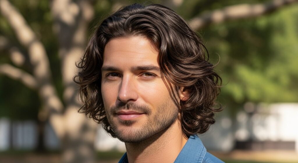 wavy textured medium length hairstyle for men.